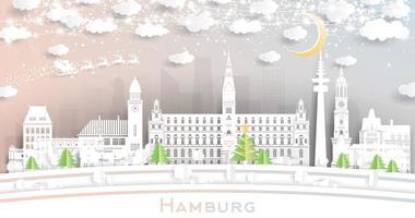 horizon de la ville de hambourg en allemagne dans un style papier découpé avec des flocons de neige, une lune et une guirlande de néons. vecteur