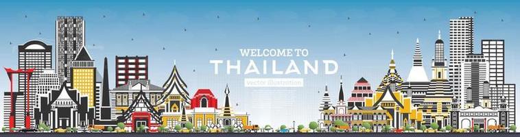 bienvenue sur les toits de la ville de thaïlande avec des bâtiments de couleur et un ciel bleu. vecteur