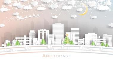 Anchorage alaska usa horizon de la ville en papier découpé avec guirlande de flocons de neige, de lune et de néon. vecteur