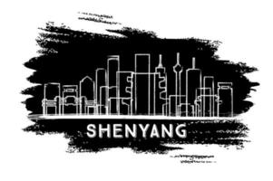 silhouette d'horizon de la ville de shenyang en chine. croquis dessiné à la main. vecteur
