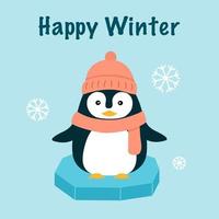 pingouin mignon portant un chapeau d'hiver et une écharpe au design plat. vecteur