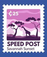 poste de vitesse, coucher de soleil sur la savane, cachet de la poste avec prix vecteur