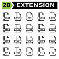 l'ensemble d'icônes d'extension de fichier comprend tpsr, mpkg, pup, fzpz, sifz, rar, gzip, xapk, tbz, b6z, rte, vip, ice, deb, dar, sit, bz2, dz, dl, 7z, fichier, document vecteur