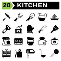 l'ensemble d'icônes d'équipement de cuisine comprend le tire-bouchon, la bouteille, l'ouvre-porte, le vin, l'équipement, la sculpture, la découpe, la fourchette, la cuisine, l'ustensile, le couteau, la pizza, la coupe, le café, la carafe, le pot, la boisson, la presse, le presse-agrumes, le citron, les agrumes vecteur