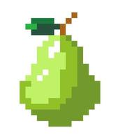 poire mûre avec feuille verte, icônes de pixels vecteur