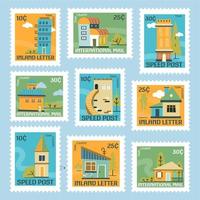 ensemble de timbres-poste colorés avec construction de maisons