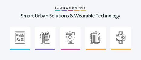 Solutions urbaines intelligentes et pack d'icônes de la ligne 5 de technologie portable, y compris le téléphone. casque de musique. vidéo. sécurité. route. conception d'icônes créatives vecteur