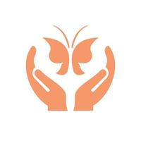 création de logo papillon à la main. logo de spa avec vecteur de concept de main. création de logo main et papillon