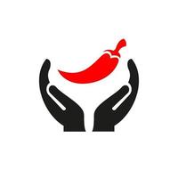 création de logo de piment à la main. logo chili avec vecteur de concept de main. création de logo main et piment