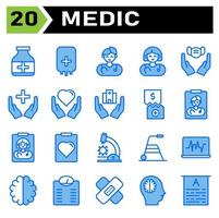 l'ensemble d'icônes médicales comprend une bouteille, des pilules, une ordonnance, des médicaments, un médicament, une transfusion, un sac, du sang, un don, un médecin, un homme, un hôpital, un médicament, des soins de santé, une femme, une main, un masque, une santé, un amour, un cœur, un bâtiment vecteur
