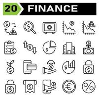 l'ensemble d'icônes de finance comprend la conversion, l'échange, la monnaie, l'argent, l'or, la recherche, la loupe, le dollar, l'investissement, la banque, le coffre-fort, la sécurité, l'épargne, la finance, la diminution, le graphique, la statistique, le document, l'achat vecteur