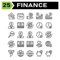 l'ensemble d'icônes de finance comprend le bâtiment, l'investissement, la maison, l'argent, la sécurité, le calendrier, l'impôt, la date, le jour, la finance, la main, l'épargne, le cochon, la banque, le graphique, le haut, la flèche, le profit, le bas, les affaires, l'homme, la devise, le dollar vecteur