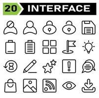 l'ensemble d'icônes de l'interface utilisateur comprend le bloc, l'utilisateur, l'avatar, l'interface utilisateur, le cadenas, le verrouillage, la protection, le déverrouillage, l'enregistrement, le lecteur, la disquette, le vide, le faible, la batterie, le plein, le menu, l'application, le drapeau, les drapeaux, l'épingle vecteur