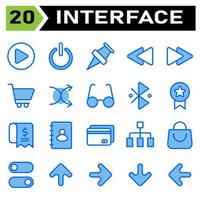 l'ensemble d'icônes de l'interface utilisateur comprend la lecture, le bouton, le cercle, le démarrage, l'interface, l'alimentation, la mise sous tension, le bureau d'alimentation, la punaise, la broche, l'emplacement, la carte, l'interface utilisateur, le rembobinage, l'arrière, la flèche gauche, le rembobinage arrière vecteur