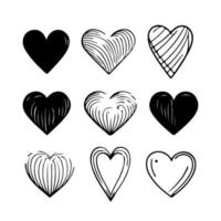 coeur dessiné à la main coeurs amour saint valentin doodle dessin au trait noir croquis icône ensemble vecteur