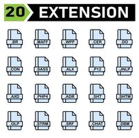 l'ensemble d'icônes d'extension de fichier comprend br, maff, wpp, cer, do, con, sass, alx, p12, jnlp, axd, php4, adr, sht, shtm, olp, strm, srf, chat, dbm, fichier, document, extension , icône, type, ensemble, format, vecteur