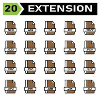 l'ensemble d'icônes d'extension de fichier comprend fichier, document, extension, icône, type, ensemble, format, vecteur, symbole, conception, graphique, logiciel, signe, application, image, étiquette, nex, a02, ba, xip, tbz2, gz2, cbt , épi vecteur