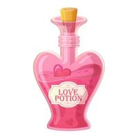 bouteille de philtre d'amour rose. bouteille en forme de coeur en verre avec bouchon de liège. élixir de romance, alchimie, concept d'icône de jeu rpg vecteur