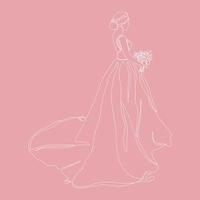 la mariée tenant le bouquet dessine une ligne continue.la silhouette de la mariée en une seule ligne, vue de côté, vêtue d'une robe de mariée. vecteur
