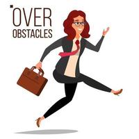 femme d'affaires sautant par-dessus le vecteur d'obstacles. leader. course concurrente. surmonter les obstacles, atteindre l'objectif. illustration de personnage de dessin animé plat isolé