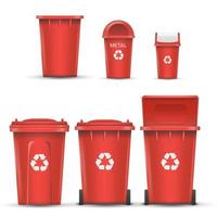 vecteur de seau de bac de recyclage rouge pour les déchets métalliques. ouvert et fermé. vue de face. signe flèche. illustration isolée