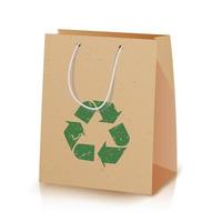 sac en papier de recyclage. illustration d'un sac en papier recyclé marron avec des poignées qui ne nuisent pas à l'environnement. icône de signe de recyclage. paquet artisanal écologique. illustration isolée vecteur