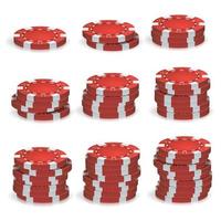 vecteur de piles de jetons de poker rouges. ensemble réaliste 3d. Signe de jetons de jeu de poker en plastique isolé sur fond blanc. jackpot de casino, illustration de succès.