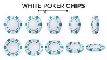 vecteur de jetons de poker blanc. ensemble 3D. signe de jetons de poker ronds en plastique isolé sur blanc. retourner différents angles. illustration de concept de jackpot.