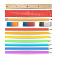 crayons de couleur, gomme, règle de mesure vecteur de jeu isolé. outils scolaires réalistes isolés sur illustration blanche