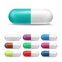 vecteur de jeu de pilules réalistes 3d. analgésique coloré, antibiotiques pharmaceutiques. pilule de capsule de médecine de couleur en deux moitiés brillantes. isolé sur blanc illustration