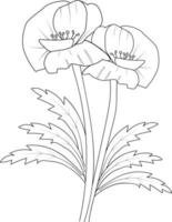 fleur de pavot isolée dessinée à la main illustration de croquis vectoriel, branche de collection botanique de bourgeons de feuilles collection naturelle page de coloriage bouquets de fleurs gravé art à l'encre. vecteur