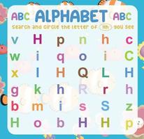 recherchez et encerclez la lettre majuscule et minuscule sur la feuille de travail. exercice pour que les enfants reconnaissent l'alphabet. fiche pédagogique pour le préscolaire. fichier vectoriel. vecteur