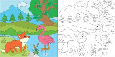 coloriage renard et flamant rose vecteur