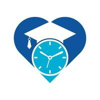 conception de logo vectoriel de concept de forme de coeur de temps d'étude. chapeau de graduation avec la conception d'icône d'horloge.