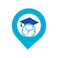 conception de logo vectoriel de concept de forme gps de temps d'étude. chapeau de graduation avec la conception d'icône d'horloge.