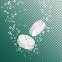 médicament soluble isolé sur fond transparent. illustration vectorielle. vitamine dans l'eau effervescente. bulles réalistes 3d vecteur