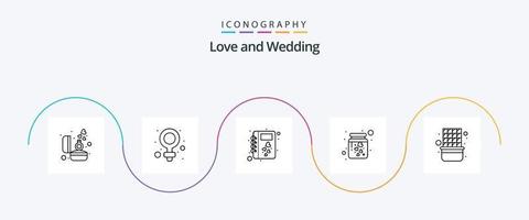 pack d'icônes de la ligne de mariage 5, y compris la nourriture. romance. livre. l'amour. cœur vecteur