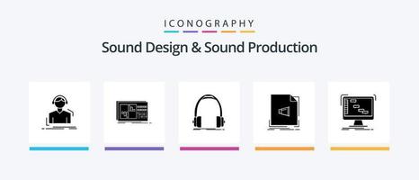 pack d'icônes glyphe 5 de conception sonore et de production sonore, y compris le format. l'audio. du son. studio. écouteurs. conception d'icônes créatives vecteur