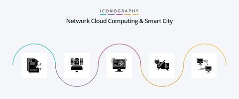 cloud computing réseau et pack d'icônes glyphe 5 de la ville intelligente, y compris la discussion. discuter. la communication. la toile. développement vecteur