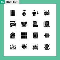 pack de 16 signes et symboles de glyphes solides modernes pour les supports d'impression Web tels que les éléments de conception vectoriels modifiables par l'homme de la caméra à position photo limitée vecteur