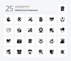 pack d'icônes de 25 glyphes solides de sensibilisation au cancer du monde, y compris le pouls. battre. journée. signe de cancer. Médicament vecteur