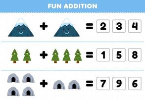 jeu éducatif pour les enfants ajout amusant en devinant le nombre correct de dessin animé mignon montagne arbre grotte feuille de travail nature imprimable vecteur