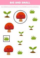 jeu éducatif pour les enfants organiser par taille grande ou petite en dessinant un cercle et un carré de dessin animé mignon champignon herbe plante feuille de travail nature imprimable vecteur