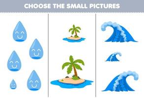 jeu éducatif pour les enfants choisissez la petite image de la feuille de travail imprimable de la nature de la vague de l'île de l'eau de dessin animé mignon vecteur
