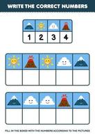 jeu éducatif pour les enfants écrivez les bons chiffres dans la boîte en fonction de la jolie montagne soleil nuage volcan photos sur la table feuille de travail nature imprimable vecteur