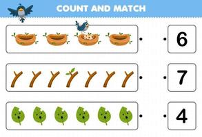 jeu éducatif pour les enfants compter le nombre de feuilles de branche de nid d'oiseau de dessin animé mignon et faire correspondre avec les bons chiffres feuille de travail nature imprimable vecteur