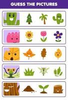 jeu d'éducation pour les enfants devinez les images correctes de dessin animé mignon cactus fleur feuille libellule bois bûche feuille de travail nature imprimable vecteur