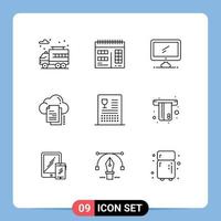 ensemble de pictogrammes de 9 contours simples d'éléments de conception vectoriels modifiables de fichiers de nuage de dispositif de document de cuisine vecteur
