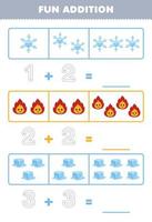 jeu éducatif pour les enfants addition amusante en comptant et en traçant le nombre de dessin animé mignon flocon de neige feu glace feuille de travail nature imprimable vecteur