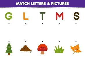 jeu éducatif pour les enfants match lettres et images de dessin animé mignon arbre sol champignon herbe feuille imprimable nature feuille de travail vecteur